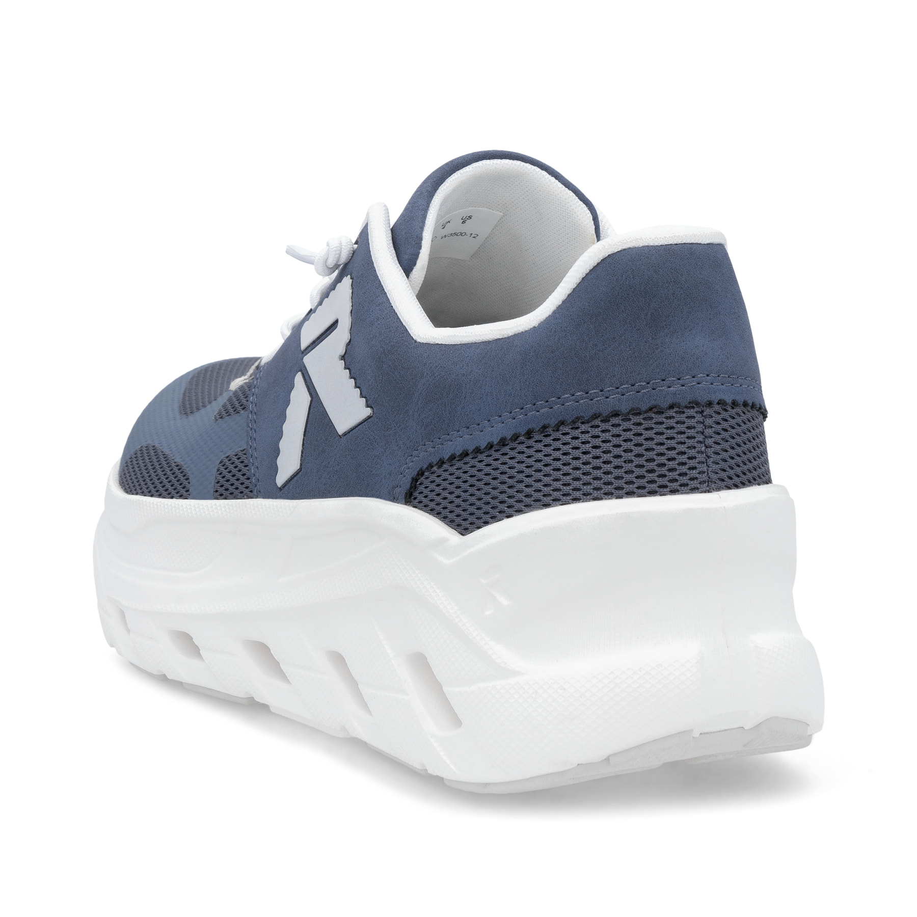 Blaue Rieker Damen Sneaker Low W3500-12 mit Schnürung sowie dämpfender Sohle. Schuh von hinten.