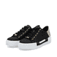 Schwarze Rieker Damen Sneaker Low N4931-00 mit einer Schnürung. Schuhpaar seitlich schräg.