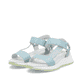 Blaue Rieker Damen Trekkingsandalen W2951-10 mit einem Klettverschluss. Schuhpaar seitlich schräg.