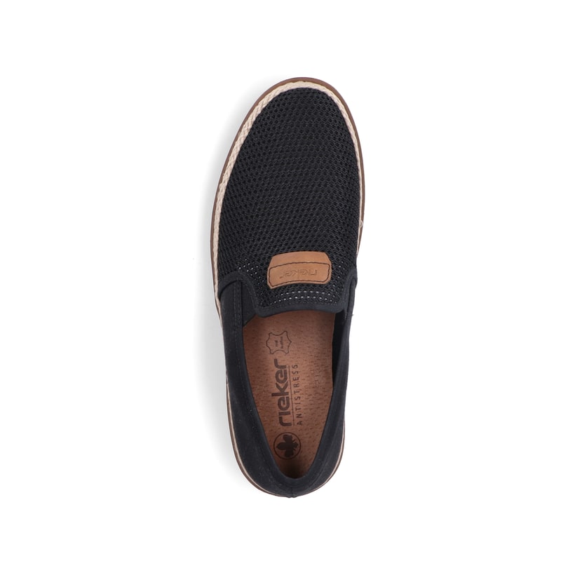 Schwarze Rieker Herren Slipper B2366-00 mit Gummizug sowie Komfortweite G 1/2. Schuh von oben.
