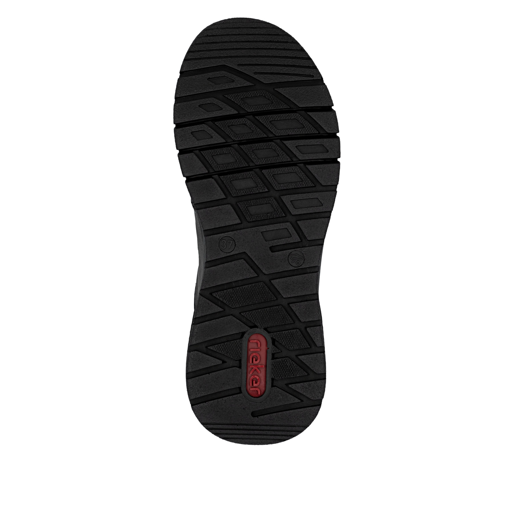 Dunkelgraue Rieker Damen Slipper M4970-45 mit einem Gummizug sowie Extraweite H. Schuh Laufsohle.