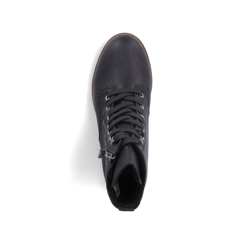 Asphaltschwarze Rieker Damen Schnürstiefel 72221-00 mit einem Reißverschluss. Schuh von oben.