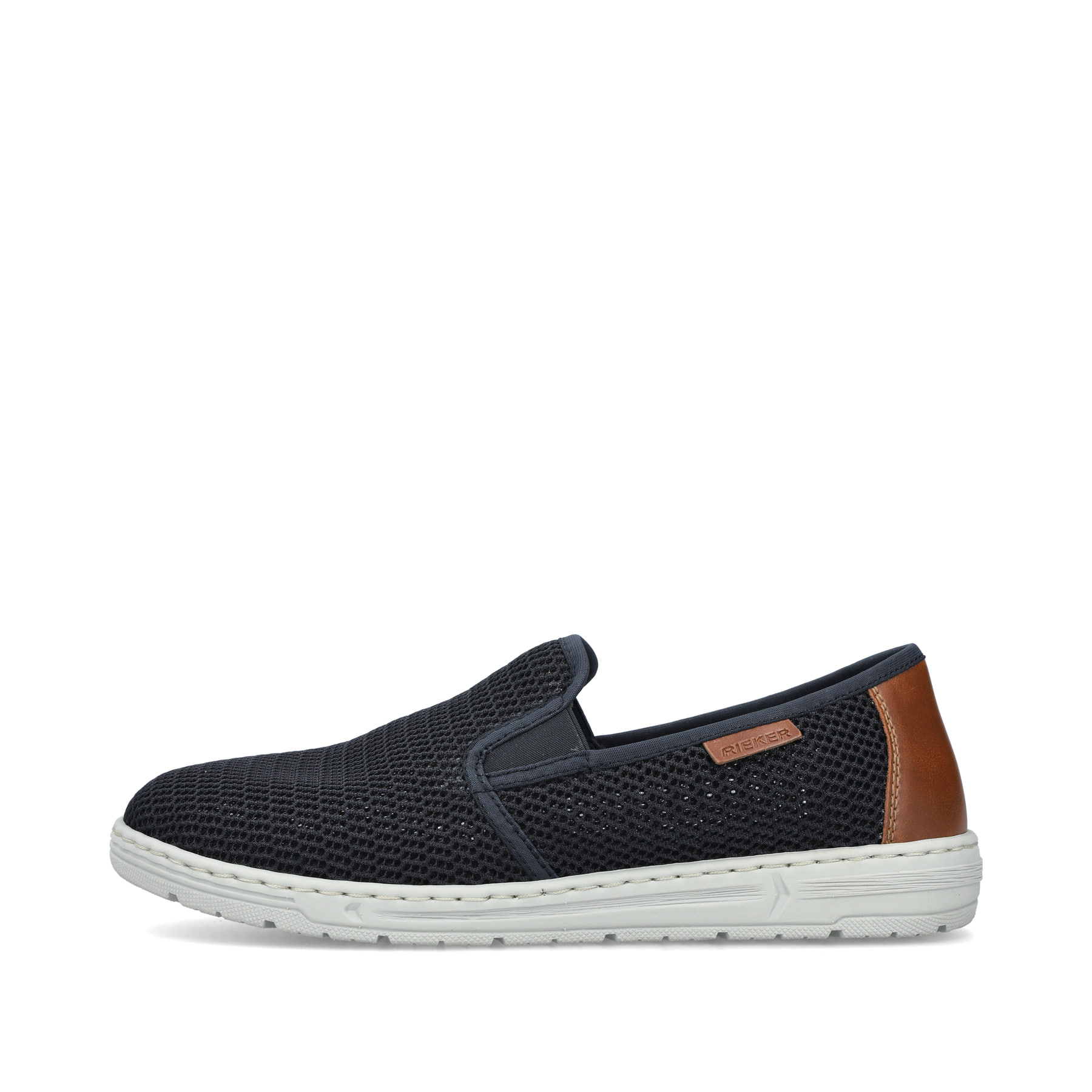 Blaue Rieker Herren Slipper 08676-14 mit einem Gummizug sowie der Extraweite H. Schuh Außenseite.