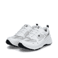 Weiße Rieker Damen Sneaker Low M6501-80 mit einer Schnürung sowie Komfortweite G. Schuhpaar seitlich schräg.