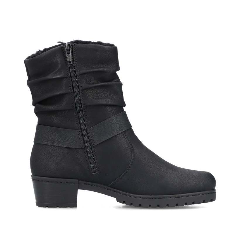 Mattschwarze Rieker Damen Kurzstiefel Y1760-00 mit geraffter Optik. Schuh Innenseite.