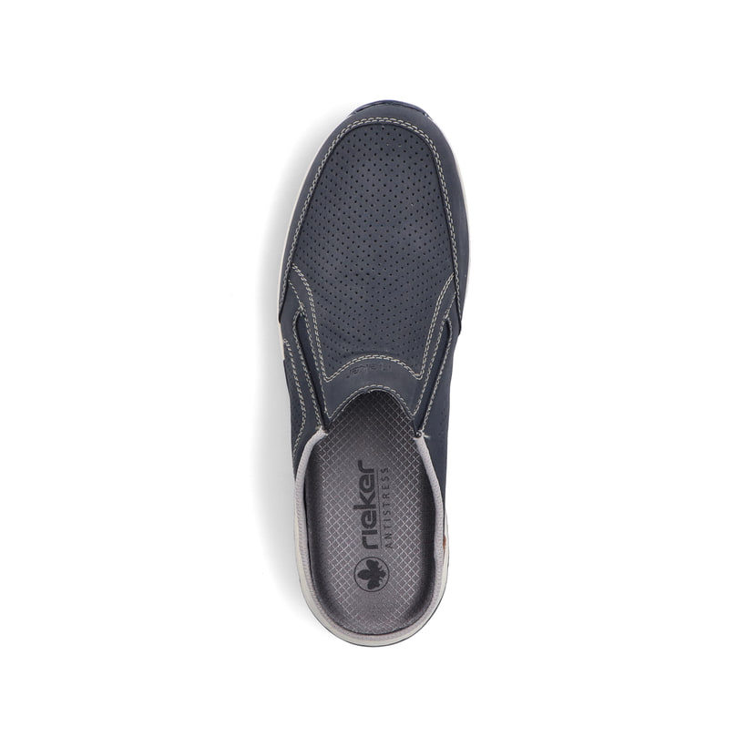 Blaue Rieker Herren Clogs B0760-14 mit einem Gummizug sowie der Komfortweite G. Schuh von oben.