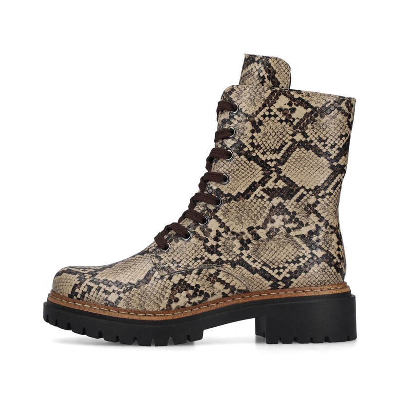Vegane, beige-schwarze Rieker Damen Biker Boots 72627-20 mit Reißverschluss. Schuh Außenseite.