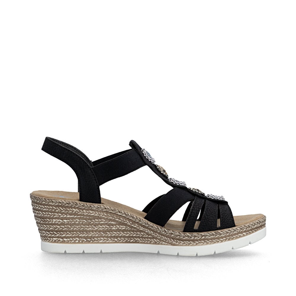 Schwarze Rieker Keilsandaletten 619B2-00 mit Schmuckelementen sowie Gummizug. Schuh Innenseite.