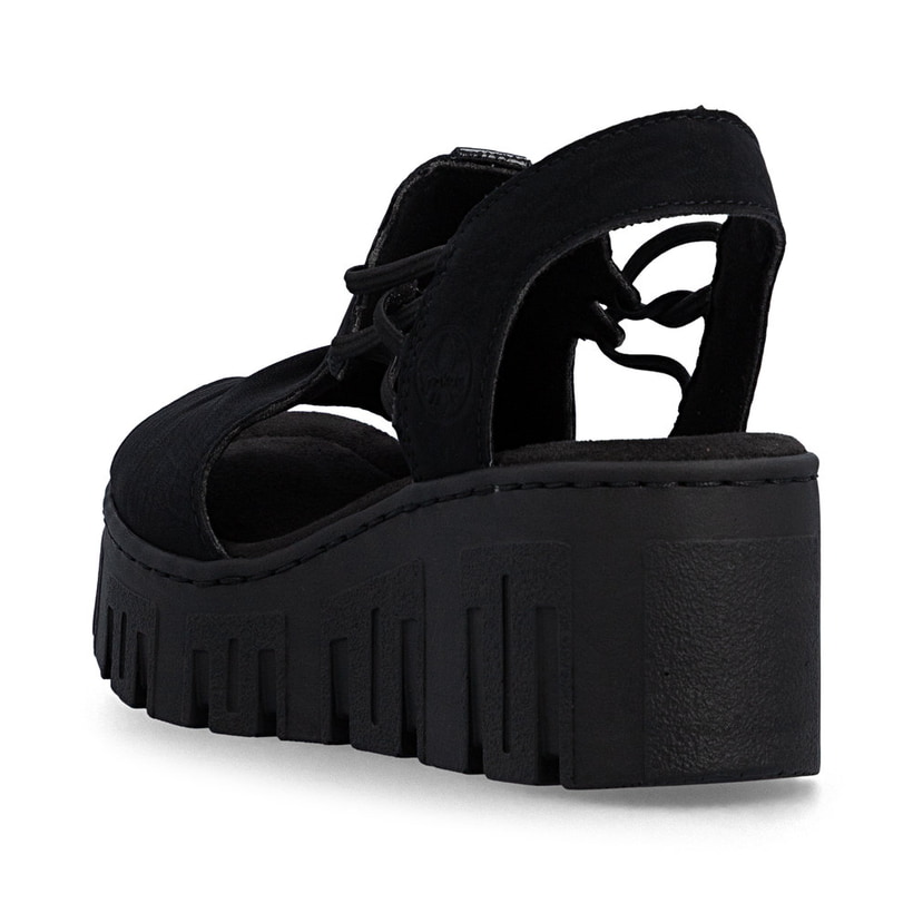 Schwarze Rieker Damen Sandalen 68075-00 mit einem Gummizug. Schuh von hinten.