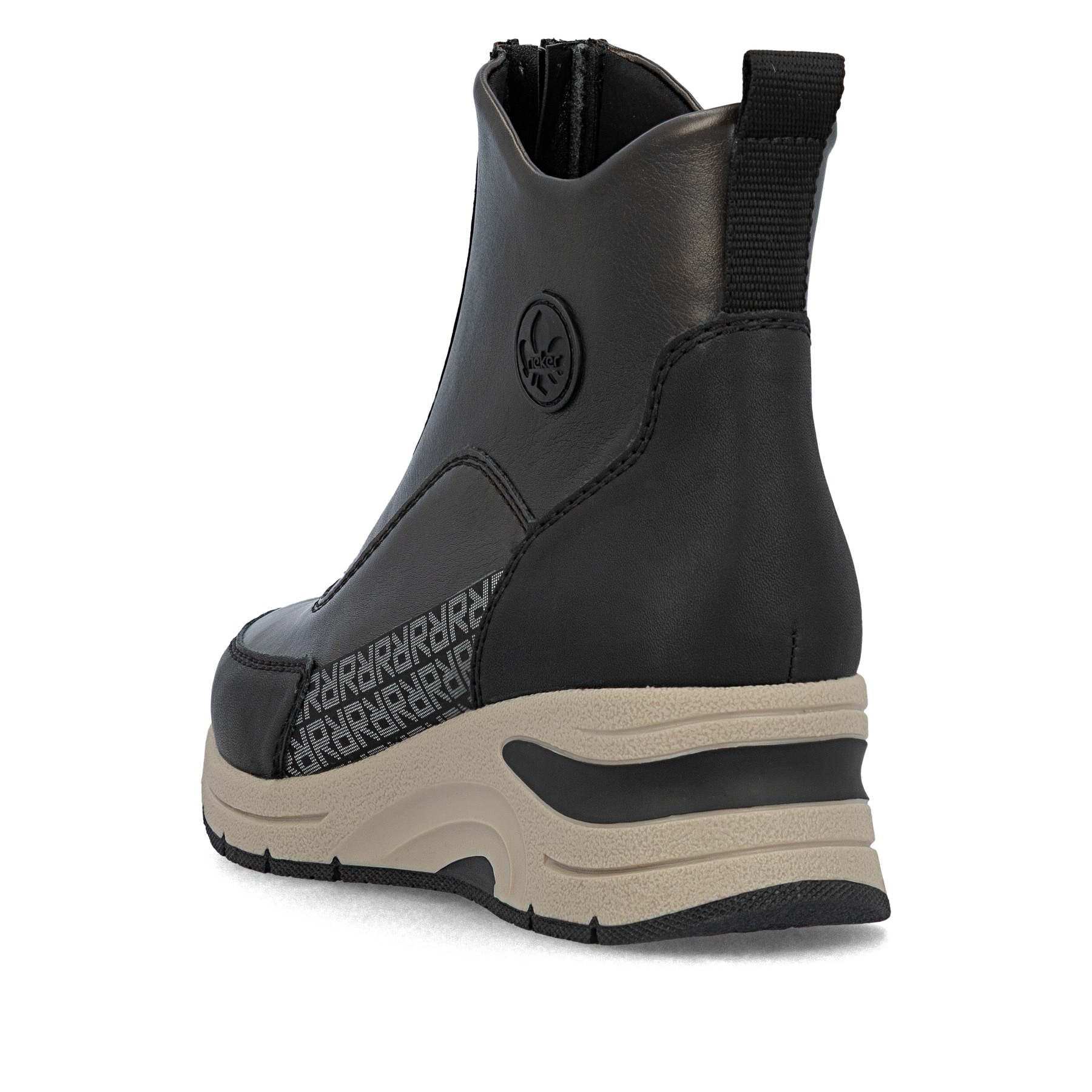 Bronzene Rieker Damen Kurzstiefel N9381-60 mit Metallic-Finish. Schuh von hinten.