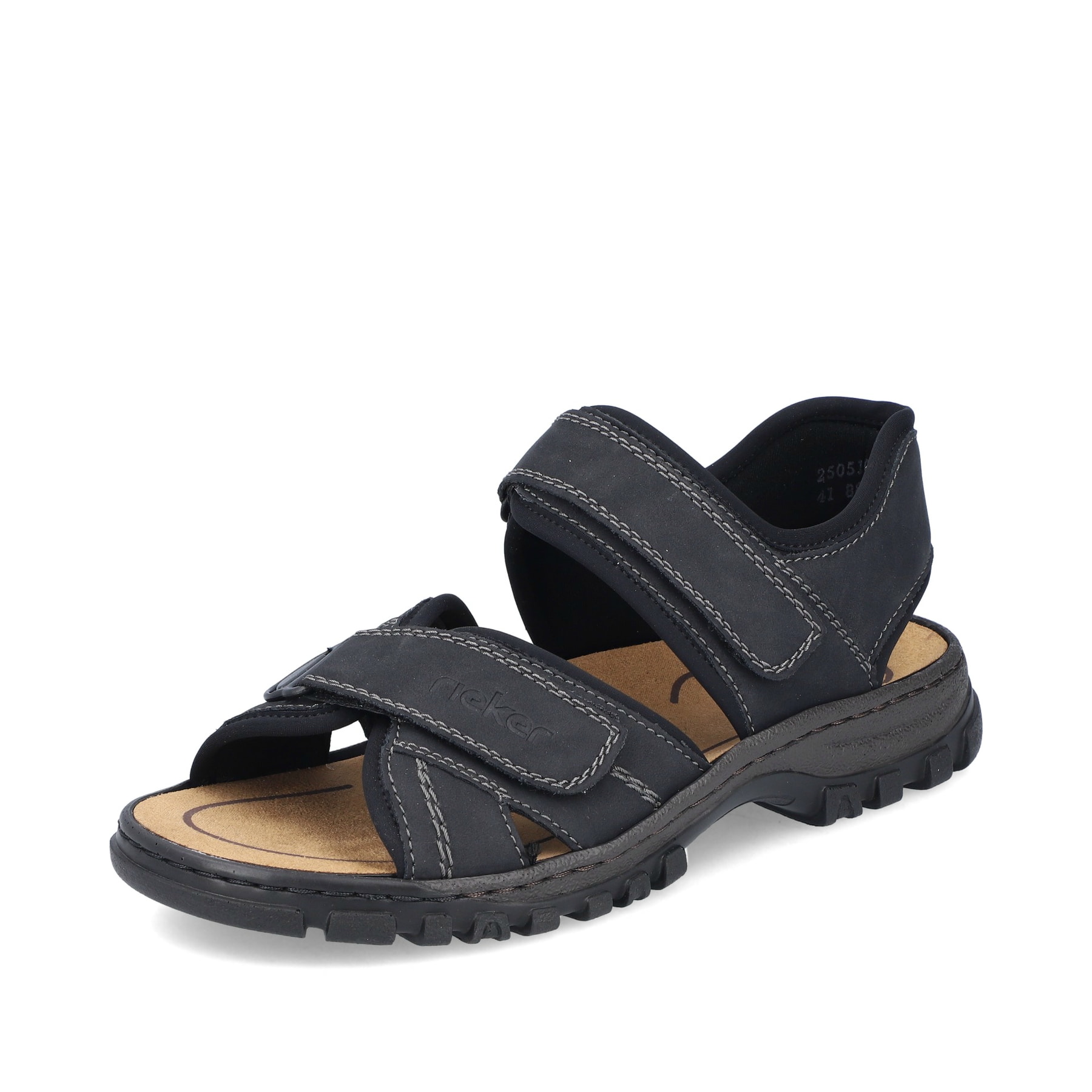 Schwarze Rieker Herren Trekkingsandalen 25051-03 mit einem Klettverschluss. Schuh seitlich schräg.