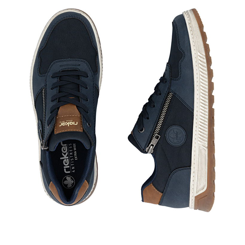 Blaubraune Rieker Herren Sneaker Low 37029-14 mit braunen Details. Schuh von oben, liegend.