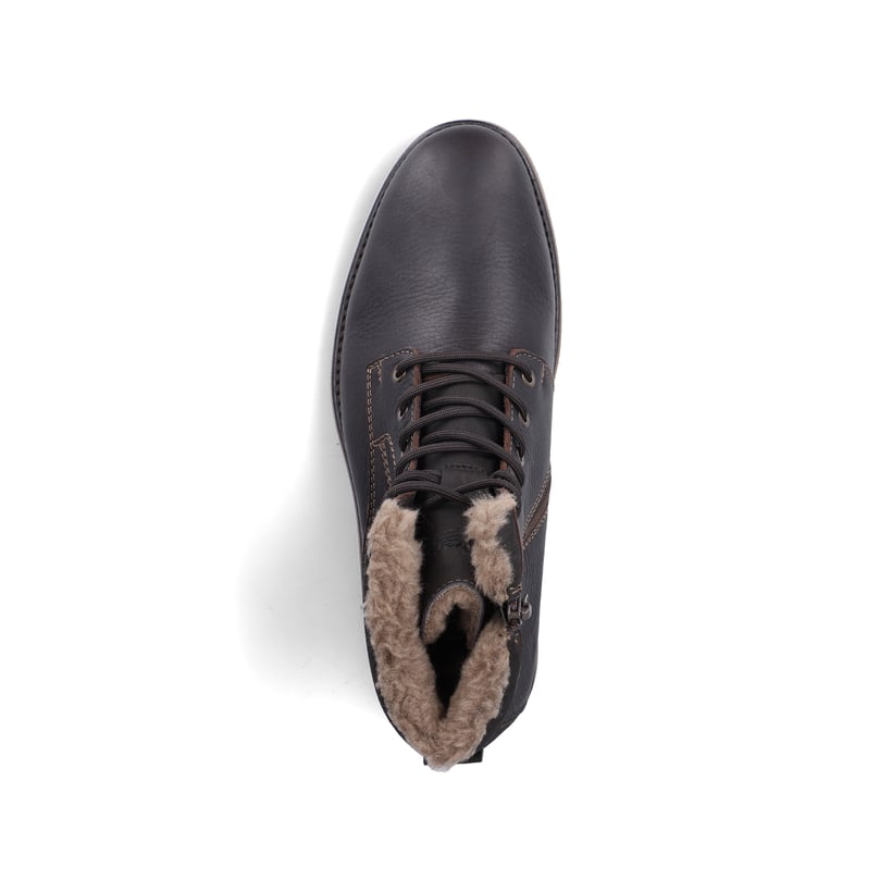 Dunkelbraune Rieker Herren Schnürstiefel 33420-25 aus Glattleder. Schuh von oben.