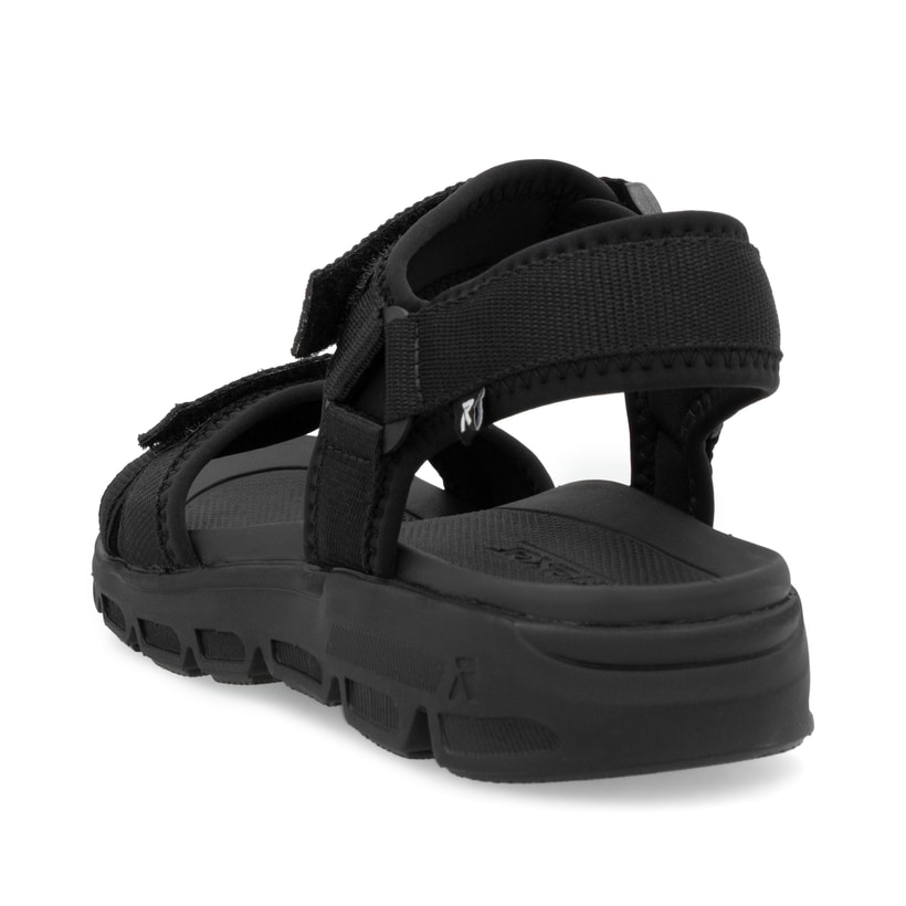 Schwarze waschbare Rieker Damen Trekkingsandalen V8401-00 mit Klettverschluss. Schuh von hinten.