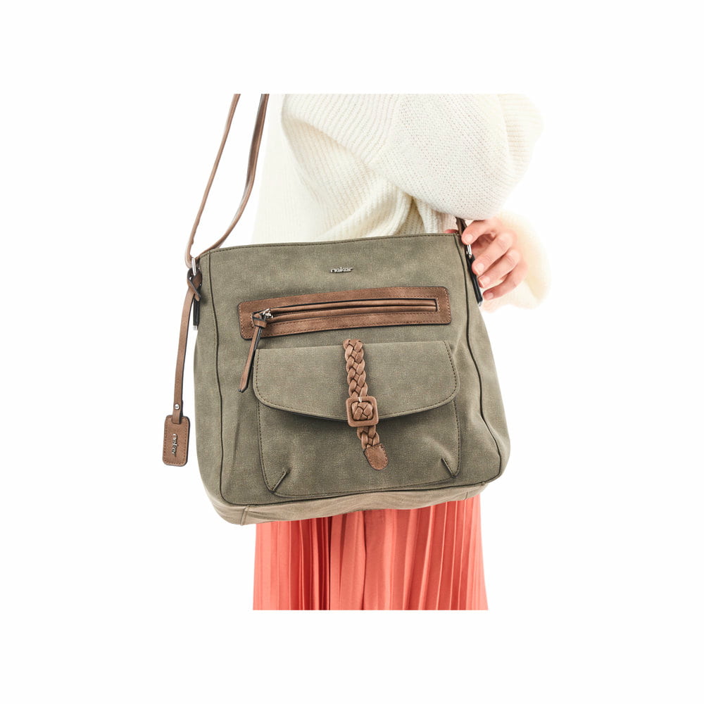 Rieker Handtasche H1340-54 in Grün mit geflochtenem Deko-Riemen, Reißverschluss und Handyfach. Getragen.