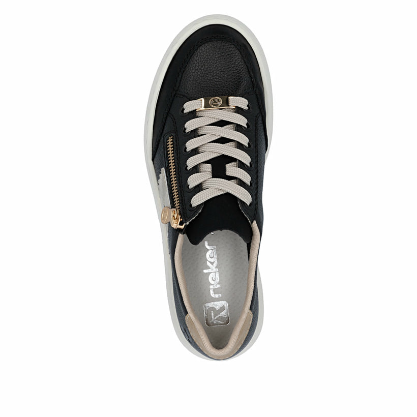 Schwarze Rieker Damen Sneaker Low M1912-00 mit einem Reißverschluss. Schuh von oben.