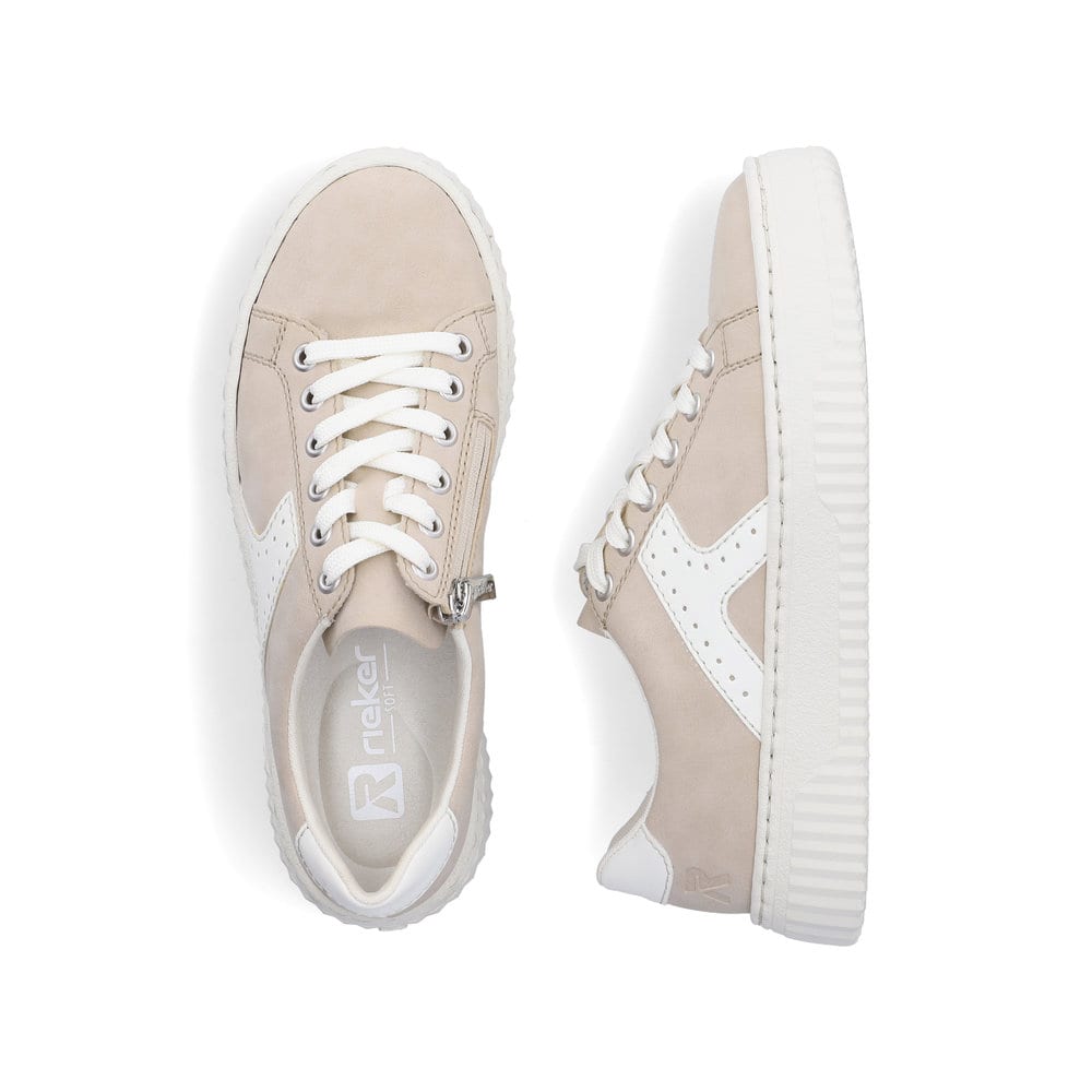 Beige Rieker Damen Sneaker Low N9920-62 mit einem Reißverschluss. Schuh von oben, liegend.