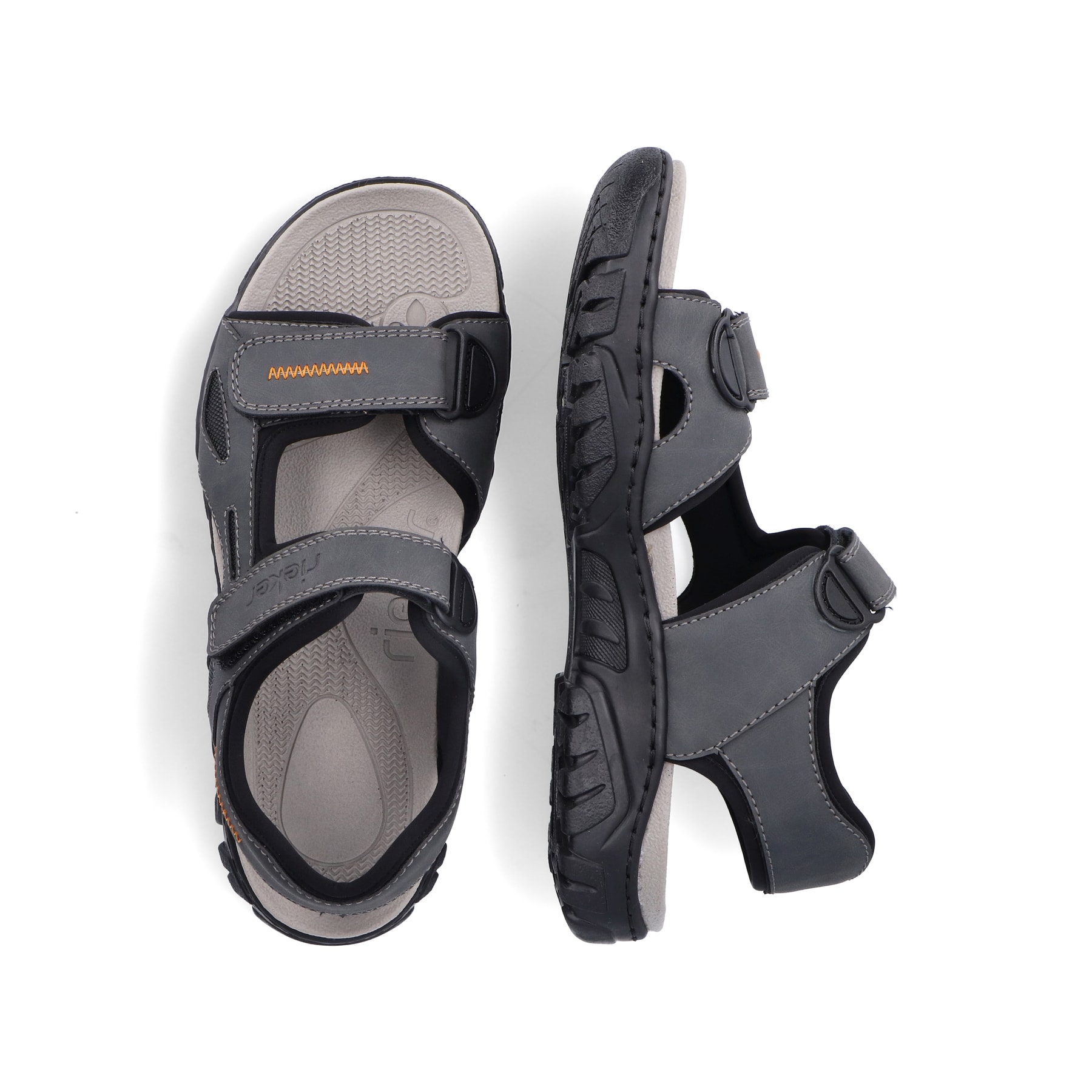 Graue Rieker Herren Trekkingsandalen 22761-45 mit einem Klettverschluss. Schuh von oben, liegend.