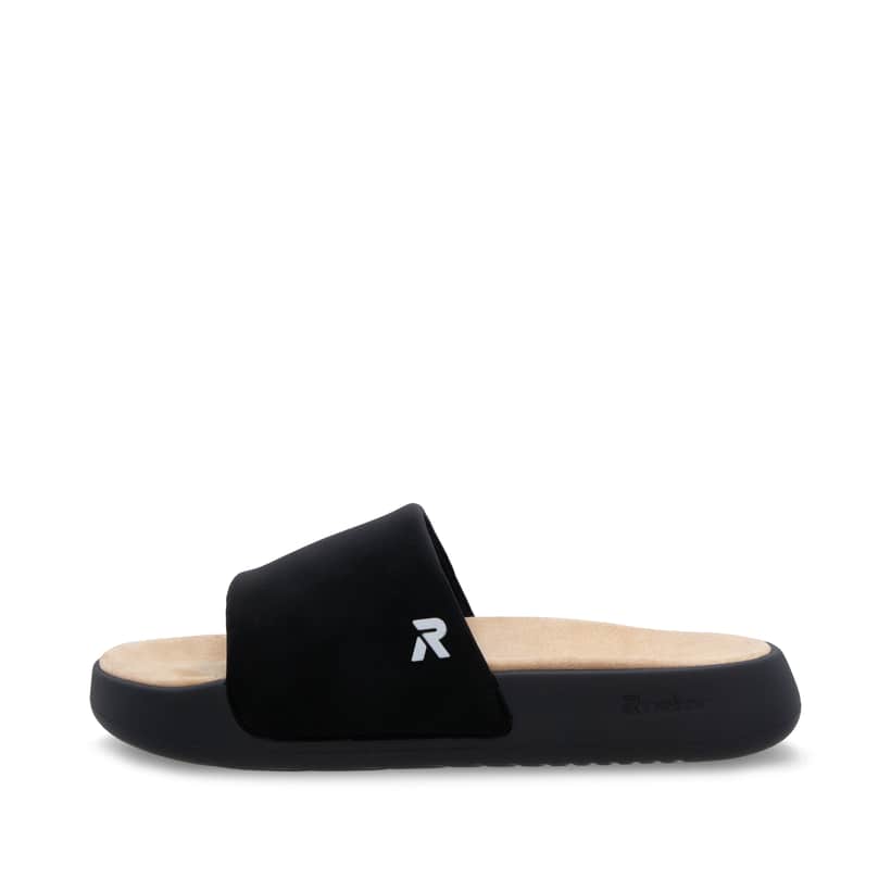 Schwarze Rieker Herren Pantoletten U3250-00 mit einer ultraleichten Sohle. Schuh Außenseite.