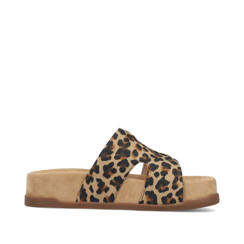Braune Rieker Damen Pantoletten V4088-60 mit angesagtem Animal-Print. Schuh Innenseite.