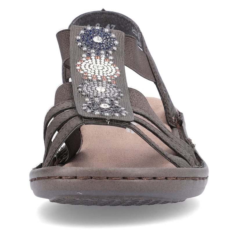 Graue Rieker Damen Riemchensandalen 608G9-47 mit einem Elastikeinsatz. Schuh von vorne.