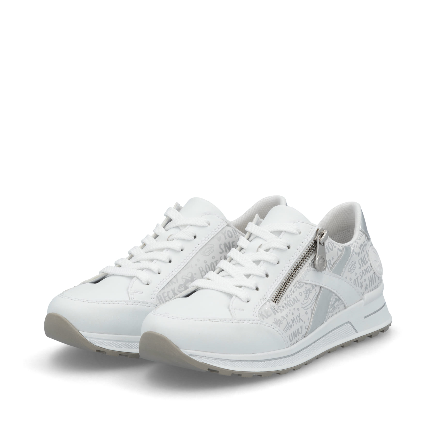Baskets basses Rieker blanches pour femme N1403-80 avec fermeture éclair. Chaussures inclinées sur le côté.