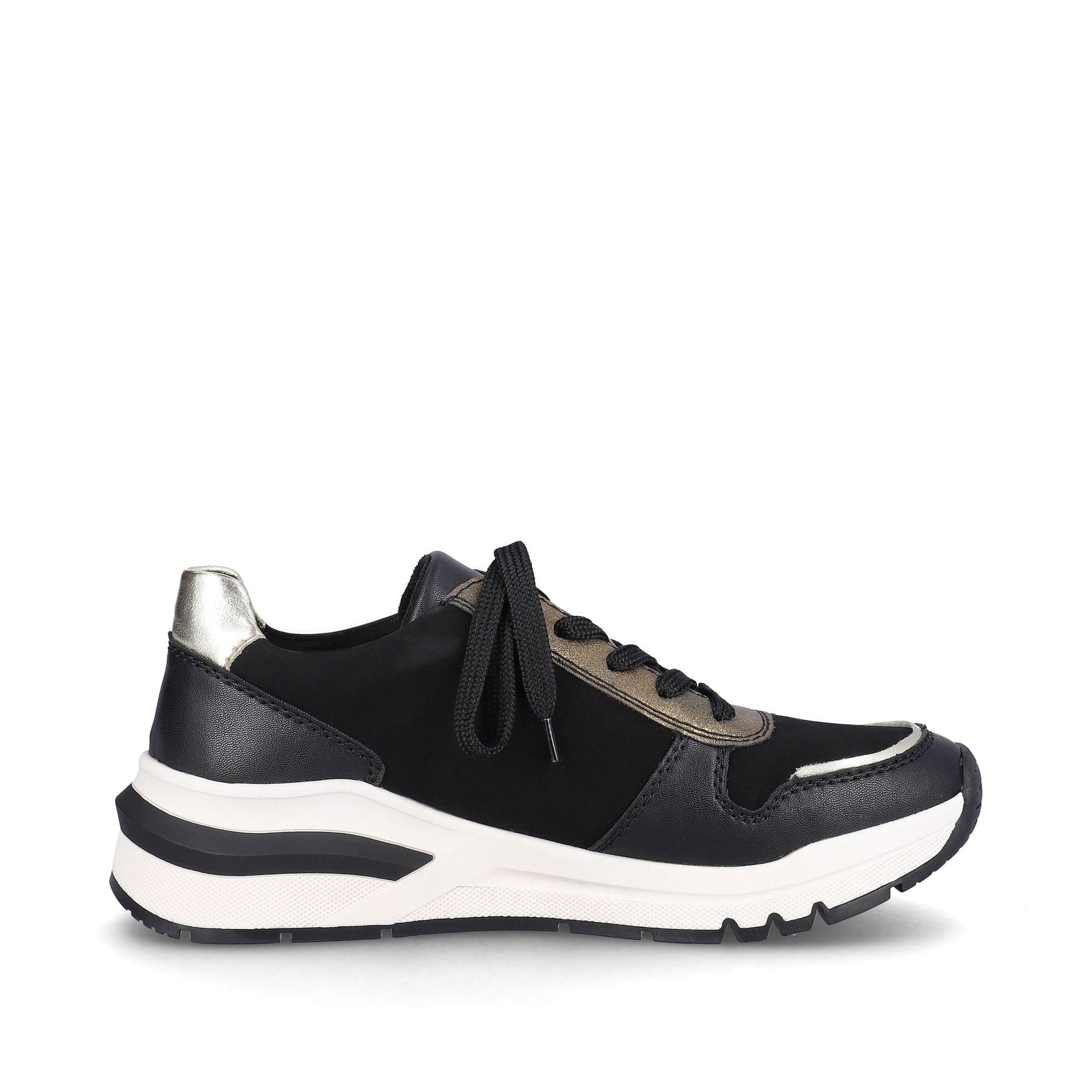 Urbanschwarze Rieker Damen Sneaker Low M6616-00 mit einer robusten Profilsohle. Schuh Innenseite