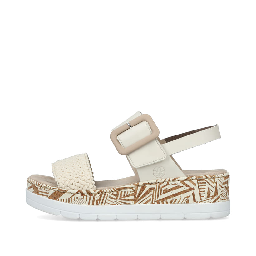 Beige vegane Rieker Keilsandaletten V3950-61 mit trendigen Schnalle. Schuh Außenseite.