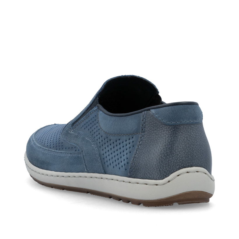 Blaue Rieker Herren Slipper 08858-12 mit einem Gummizug sowie Komfortweite G 1/2. Schuh von hinten.