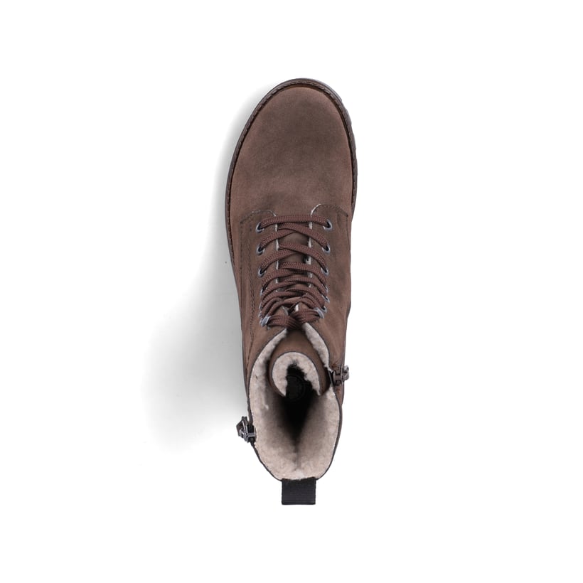 Braune Rieker Damen Biker Boots 73210-25 mit einem Reißverschluss. Schuh von oben.