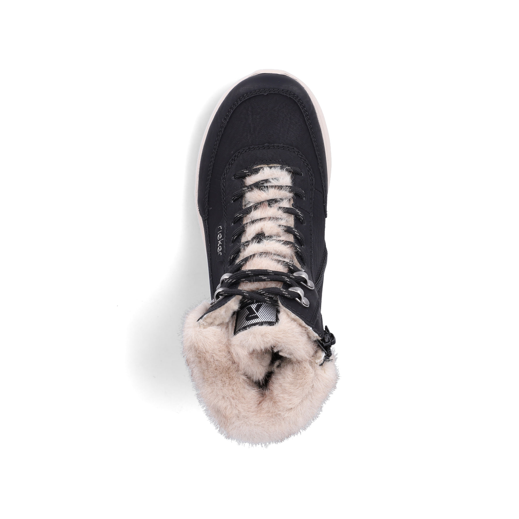 Vegane, schwarze Rieker Damen Sneaker High M8510-00 mit weichem Kragen. Schuh von oben.