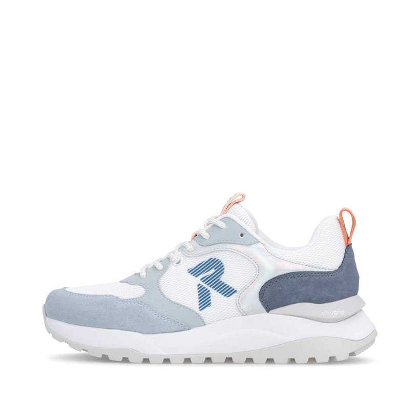 Weißblaue Rieker Damen Sneaker Low W2506-80 mit Schnürung sowie abgesetztem Logo. Schuh Außenseite.