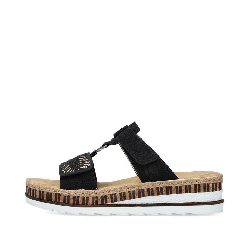 Schwarze Rieker Damen Pantoletten V7947-00 mit einem Klettverschluss. Schuh Außenseite.