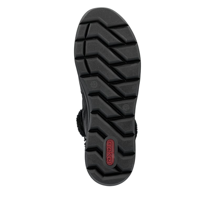 
Tiefschwarze Rieker Damen Kurzstiefel Z0070-00 mit einer robusten Profilsohle. Schuh seitlich schräg