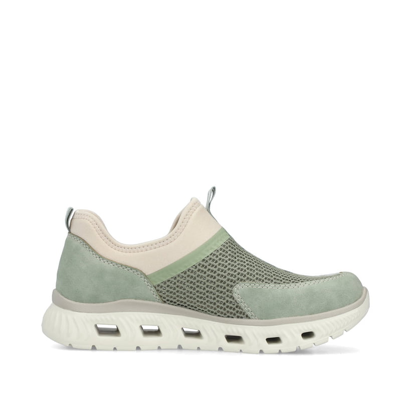 Grüne Rieker Damen Slipper M6077-52 mit einem Gummizug sowie der Komfortweite G. Schuh Innenseite.