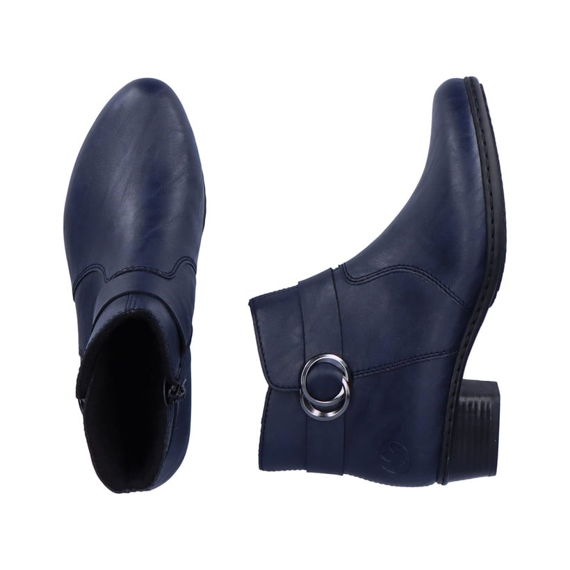 Ozeanblaue Rieker Damen Stiefeletten Y0775-14 mit einem Reißverschluss. Schuh von oben, liegend.