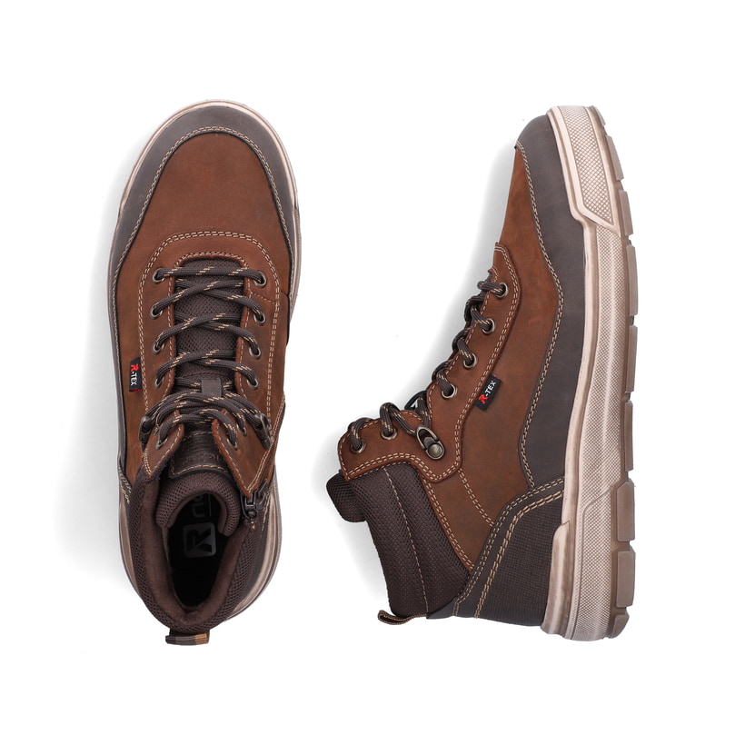 Braune Rieker Herren Schnürstiefel U0010-22 aus Rauleder. Schuh von oben, liegend.
