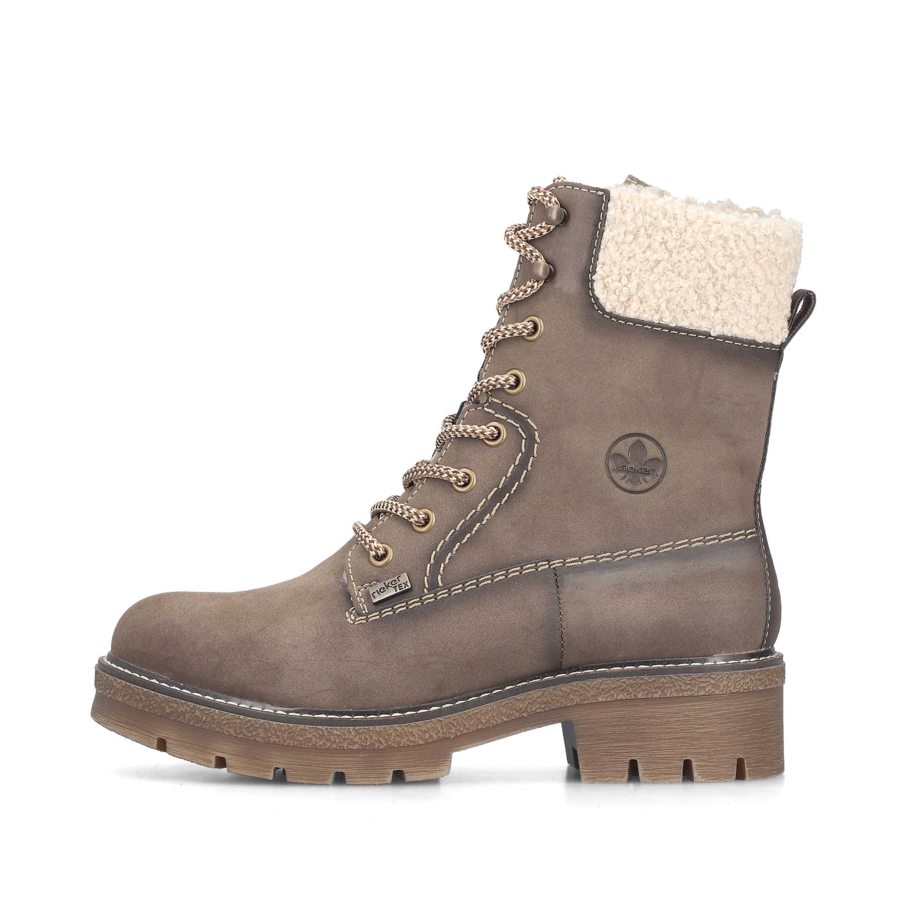Braun-beige Rieker Damen Schnürstiefel Y8119-25 mit Teddyfell-Kragen. Schuh Außenseite.