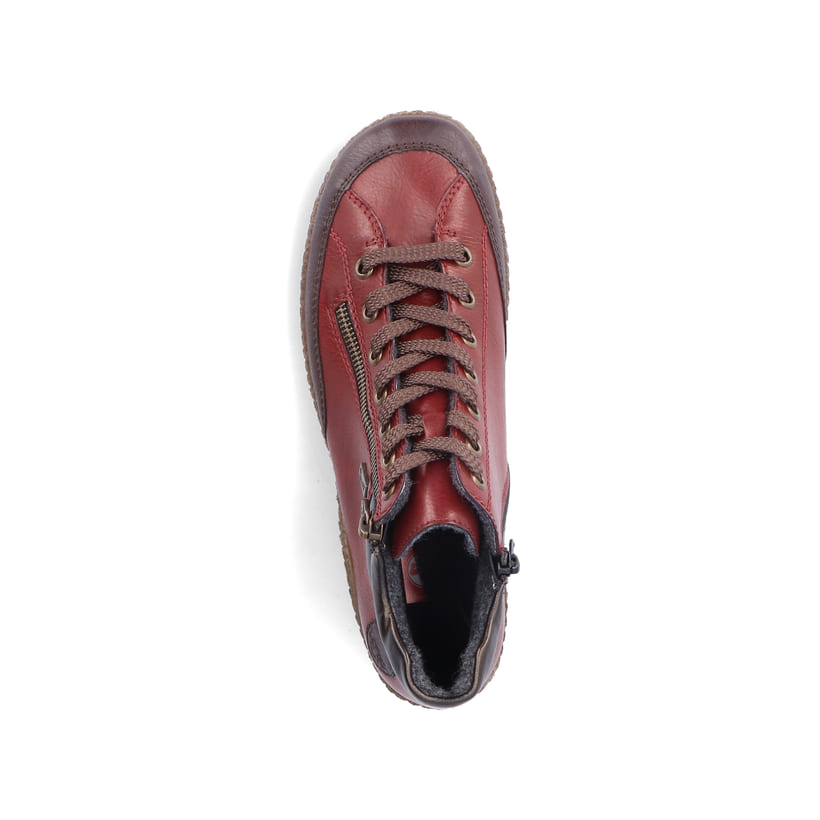 Rote Rieker Damen Kurzstiefel L7500-35 mit wasserabweisender RiekerTEX-Membran. Schuh von oben.