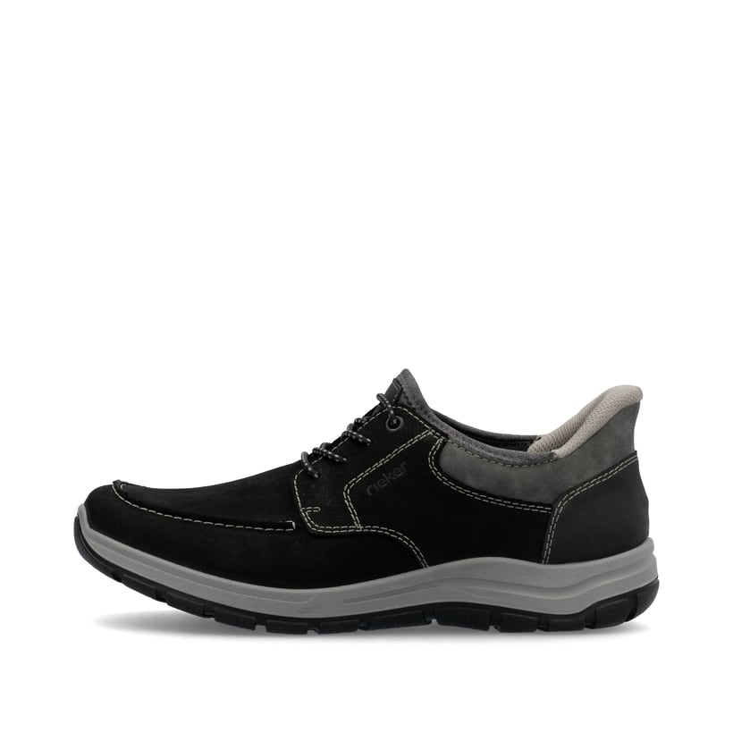Schwarze Rieker Herren Slipper 03656-00 mit easy Hineinschlüpf-Möglichkeit. Schuh Außenseite.