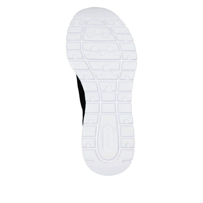 Schwarze Rieker Damen Sneaker Low M6066-01 mit Gummizug sowie flexibler Sohle. Schuh Laufsohle.