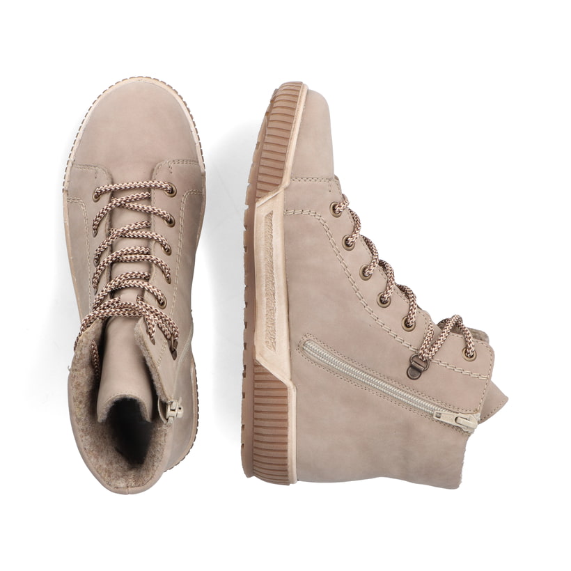 Hellbeige Rieker Damen Schnürstiefel N0730-64 mit einem Reißverschluss. Schuh von oben, liegend.