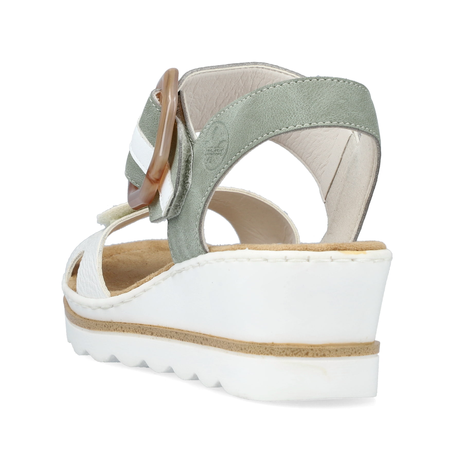 Weiße Rieker Keilsandaletten 67476-81 mit trendigen Schnalle. Schuh von hinten.
