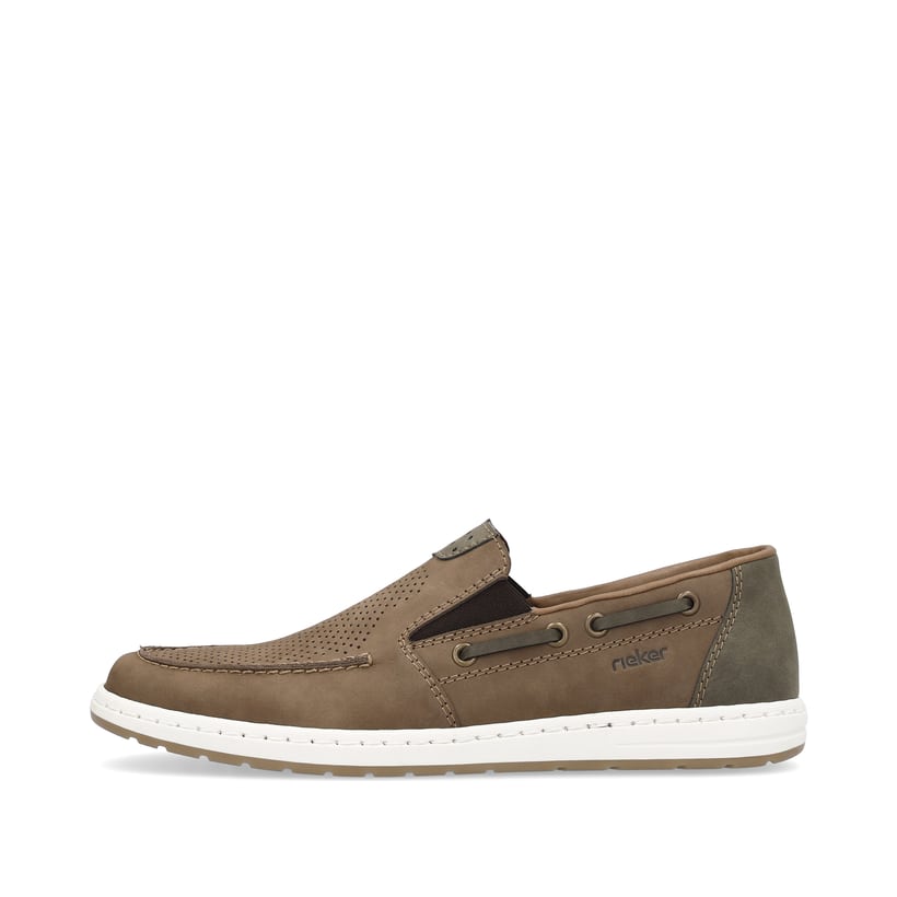 Braune Rieker Herren Slipper 18266-26 mit einem Elastikeinsatz. Schuh Außenseite.