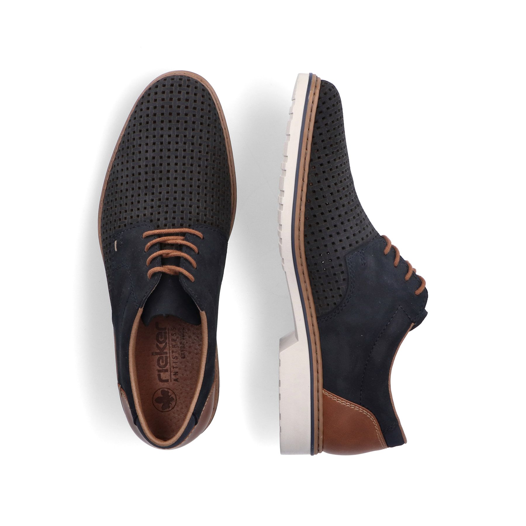 Blaue Rieker Herren Schnürschuhe 16506-16 in Löcheroptik sowie Extraweite H. Schuh von oben, liegend.