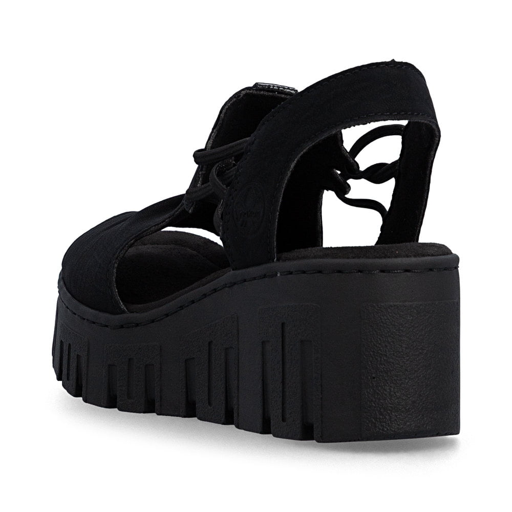Schwarze Rieker Damen Sandalen 68075-00 mit einem Gummizug. Schuh von hinten.