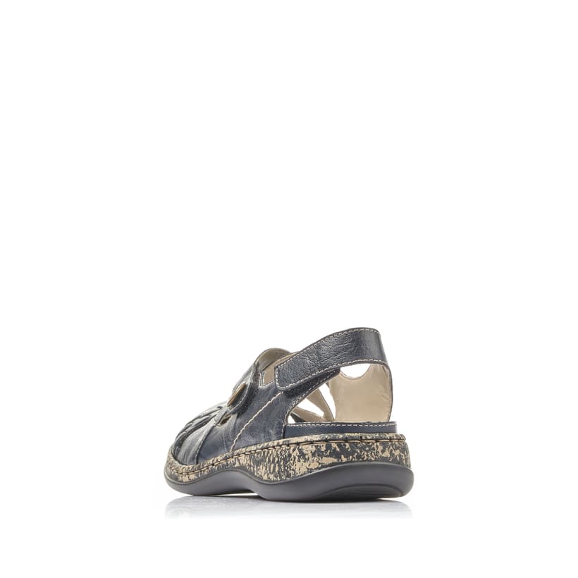 Blaue Rieker Ballerinas 46377-14 mit einem Klettverschluss. Schuh von hinten.