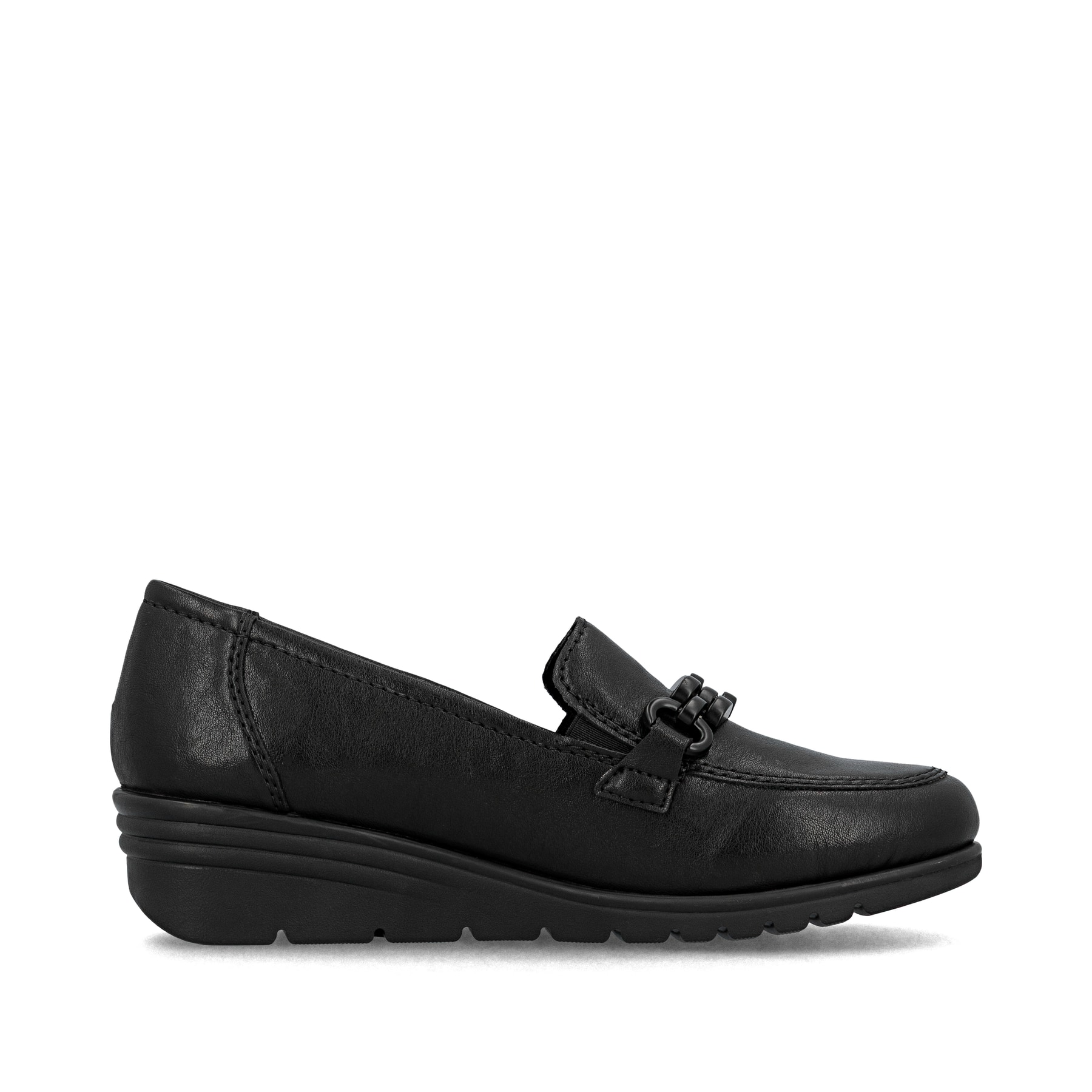 Schwarze Rieker Damen Loafer L5361-00 mit Deko-Kette sowie einem Gummizug. Schuh Innenseite.