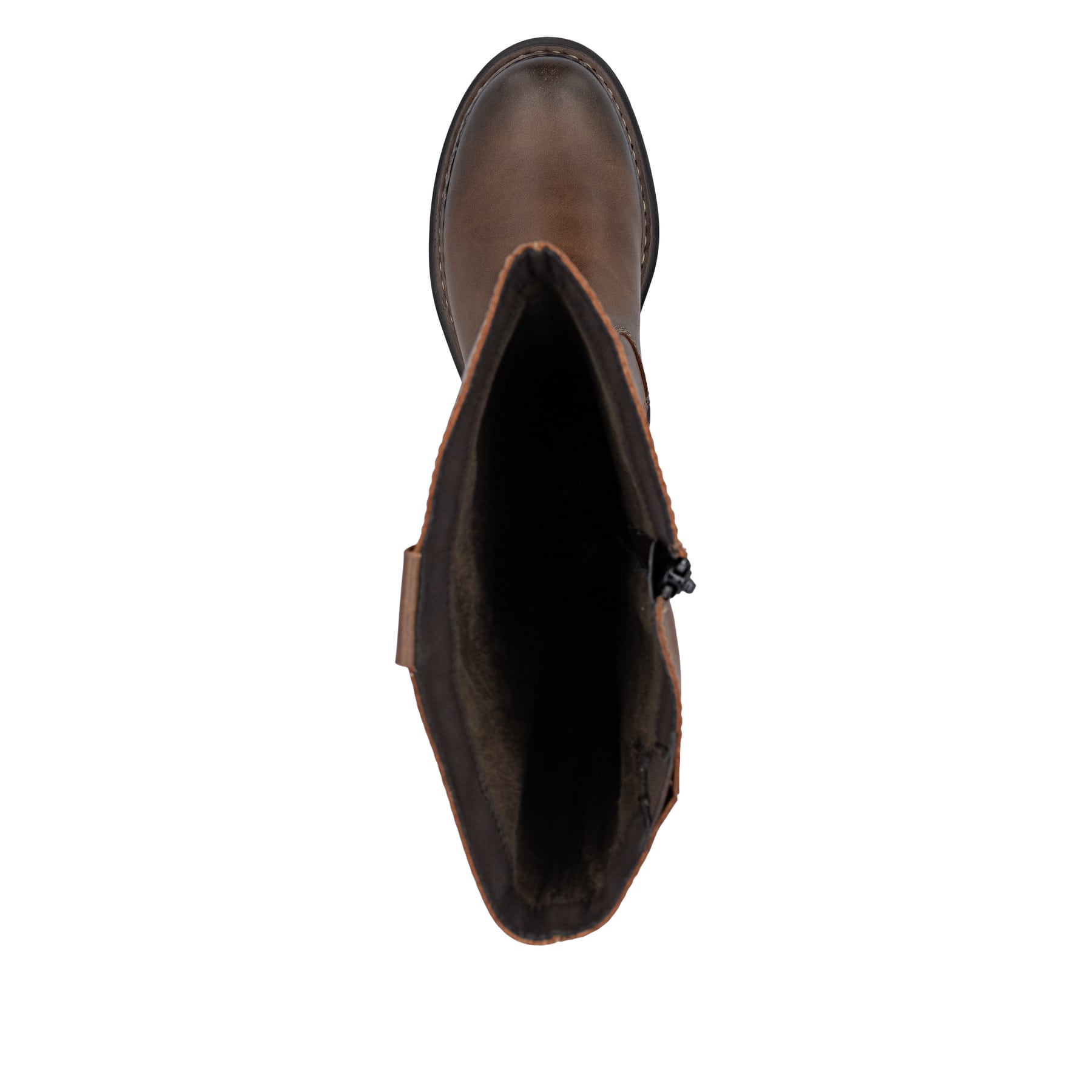 Braune Rieker Damen Hochschaftstiefel 72656-22 mit einem Reißverschluss. Schuh von oben.