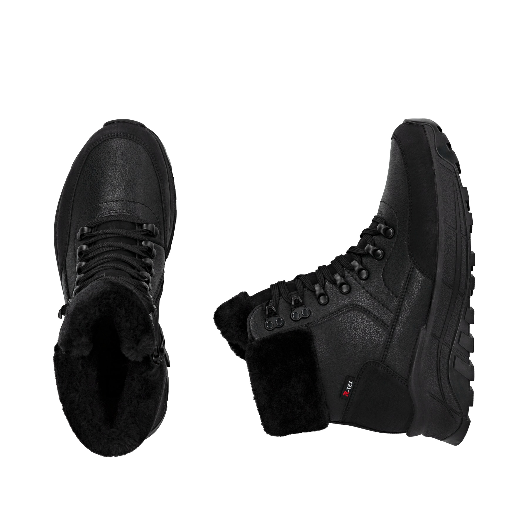 Schwarze Rieker Damen Schnürstiefel W0063-02 mit wasserabweisender TEX-Membran. Schuh von oben, liegend.